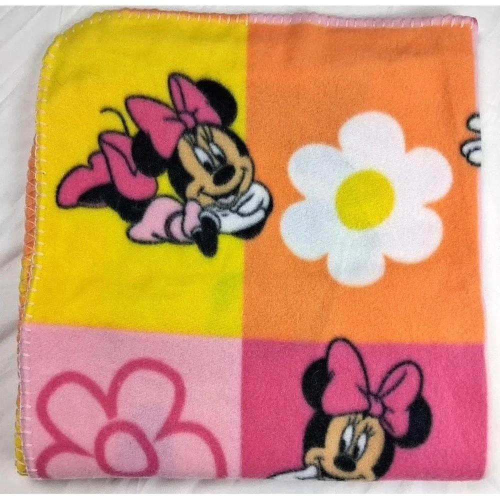 Disney Baby Pink Yellow Orange Minnie‎ Mouse Fleece Blanket Thin Flower NEW